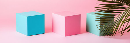 Three colorful boxes beside a palm leaf create a vibrant and tropical scene,.の素材
