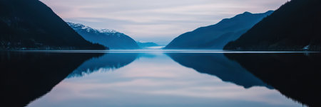 Dusk scene with mountains mirrored on a tranquil lake surface,.の素材