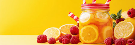 Refreshing jar of lemonade featuring strawberries and lemon slices,.の素材