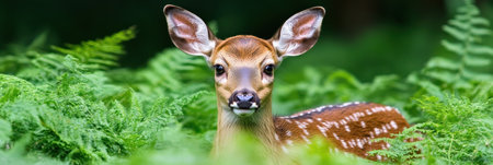 A deer stands in grass, gazing directly at the camera,.の素材