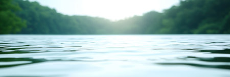 Blurry photo of a serene lake surrounded by trees in the background,.の素材