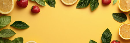 A vibrant assortment of fruits and vegetables displayed against a cheerful yellow background,.の素材