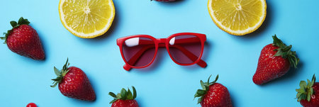 Fresh strawberries and lemons beside stylish sunglasses on a vibrant blue surface,.の素材