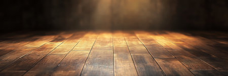Close-up view of a wooden floor illuminated by soft light streaming through it,.の素材