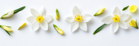 Colorful flowers lined up neatly on a white background,.の素材