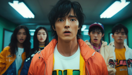 A group of people gathered in a hallway, chatting and interacting with each other,.の素材