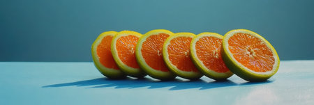 Five orange slices arranged neatly on a table, showcasing their vibrant color and texture,.の素材