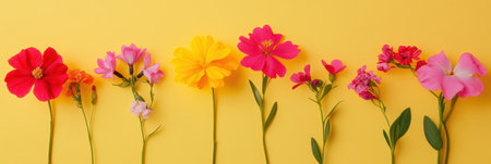 Colorful flowers lined up against a vibrant yellow background,.の素材