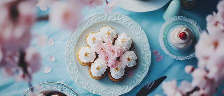 Two plates of colorful cupcakes are displayed on a blue table,.の素材