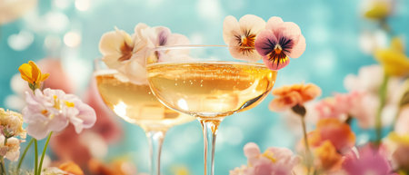 Two glasses of wine are placed against a backdrop of beautiful flowers,.の素材