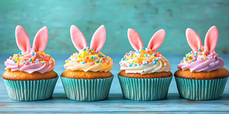 Three colorful cupcakes topped with bunny ears and sprinkles on a festive table,.の素材