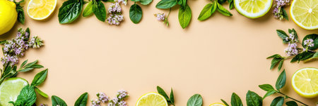 A vibrant frame crafted from fresh lemons and green leaves,.の素材