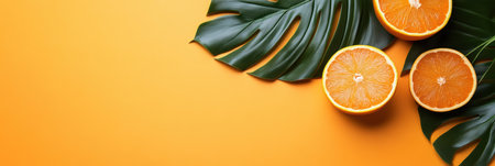 Oranges and leaves are arranged on a vibrant yellow background alongside a palm leaf,.の素材