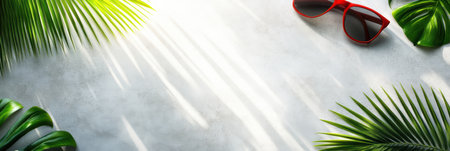 A vibrant red pair of sunglasses rests on a clean white surface,.の素材