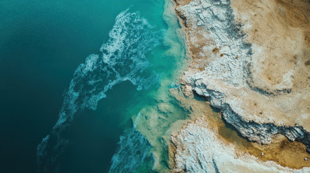 Aerial perspective showcasing a serene water body with a boat floating on its surface,.の素材