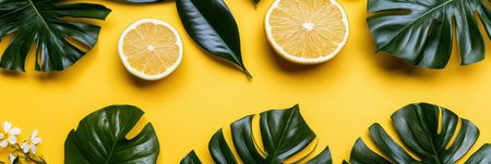 A vibrant lemon half with a green leaf on a bright yellow surface,.の素材