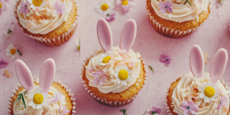 A close-up view of colorful cupcakes adorned with playful bunny ears for a festive touch,.の素材