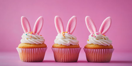 Three bunny-ear cupcakes are arranged on a pink surface, creating a playful treat display,.の素材