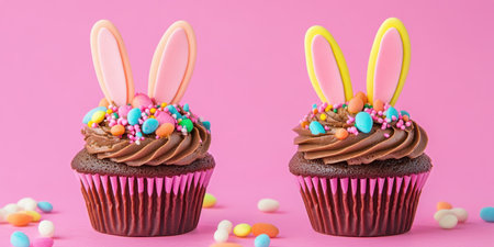 Two cupcakes topped with bunny ears and colorful sprinkles for a festive treat,.の素材