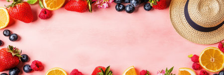 Straw hat with strawberries and oranges on a vibrant pink background,.の素材