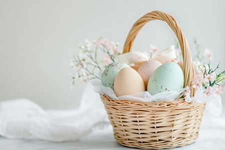 A basket holds eggs, surrounded by vibrant flowers in the background,.の素材