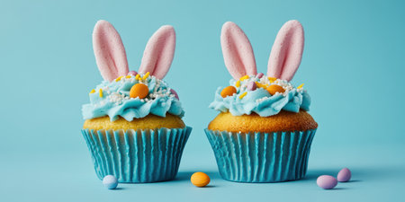 Two cupcakes decorated with frosting and bunny ears for a festive look,.の素材