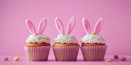 Three cupcakes topped with frosting and adorned with cute bunny ears,.の素材