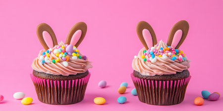 Two cupcakes topped with bunny ears and colorful sprinkles, perfect for a festive treat,.の素材