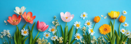 Colorful flowers lined up against a vibrant blue backdrop create a stunning visual contrast,.の素材