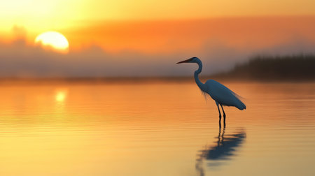 Giraffe wades in water during sunset, with a bird perched in the foreground,.の素材