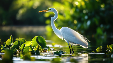 A white bird with a long beak stands gracefully in the water,.の素材