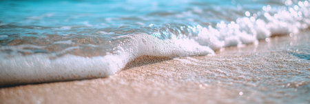 Close-up of a wave crashing onto the sandy beach, showcasing its texture and movement,.の素材