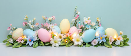 Colorful eggs are arranged on a table adorned with flowers,.の素材
