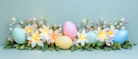 A table displays various colored eggs alongside vibrant flowers,.の素材