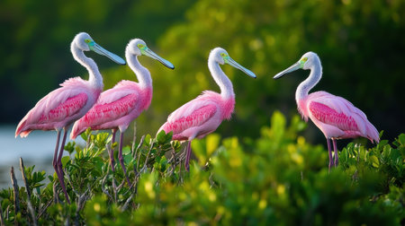 Three pink birds perch on a lush green field, creating a vibrant and lively scene,.の素材