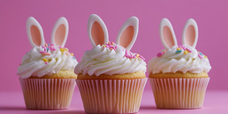 Three cupcakes topped with white frosting and cute bunny ears for a festive treat,.の素材