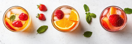 Three refreshing fruity drinks with ice and mint leaves served in glasses,.の素材