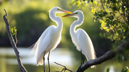 Two white birds perched on a branch beside a tranquil water body,.の素材