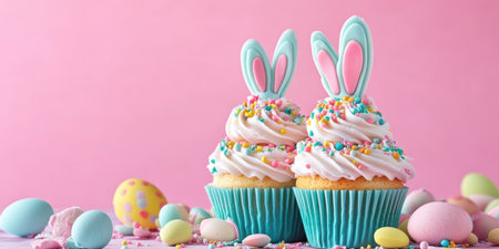 Two cupcakes adorned with cute bunny ears for a festive treat,.の素材