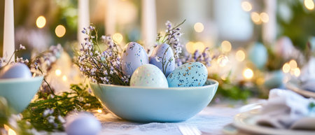 A bowl holds several blue eggs placed on a table,.の素材