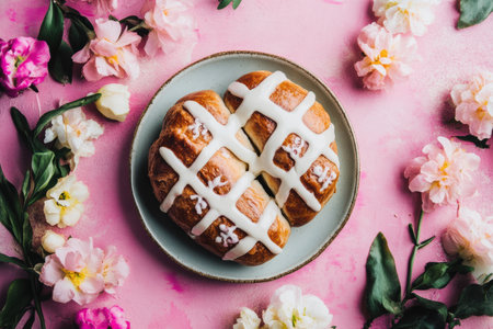 A plate holds a pastry, surrounded by colorful flowers in a charming arrangement,.の素材
