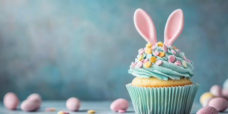 A cupcake adorned with cute bunny ears on top,.の素材