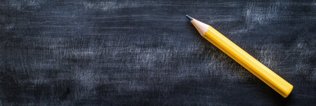 A close-up view of a pencil resting on a blackboard, with chalkboard texture visible in the background,.の素材