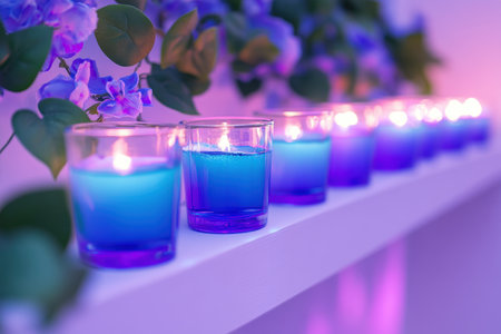 Candles arranged on a shelf beside beautiful purple flowers create a serene ambiance,.の素材