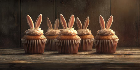 Four bunny ear cupcakes arranged neatly on a wooden table,.の素材