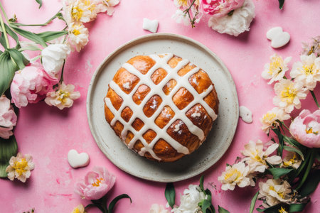 A plate holds a pastry surrounded by colorful flowers, creating a delightful presentation,.の素材
