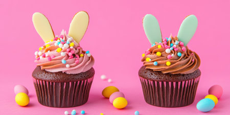 Two colorful cupcakes topped with sprinkles and bunny ears for a festive treat,.の素材