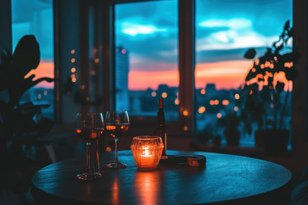 A candle sits between two glasses of wine on a table, creating a cozy ambiance,.の素材