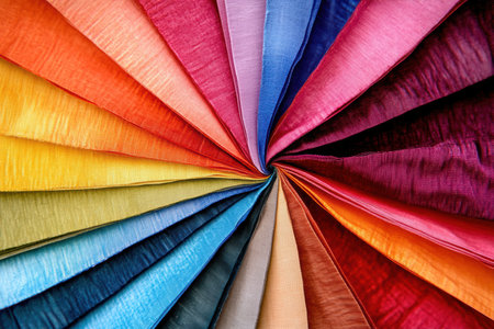 A vibrant close-up of multicolored fabric set against a dark background,.の素材