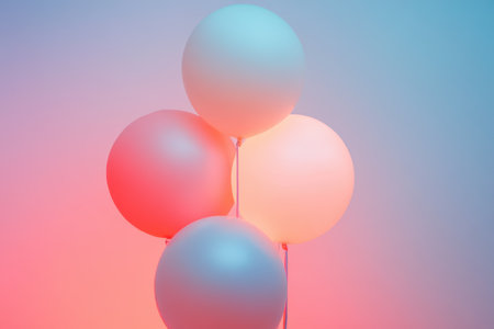 Three colorful balloons are attached to a stick, floating in the air against a clear backdrop,.の素材